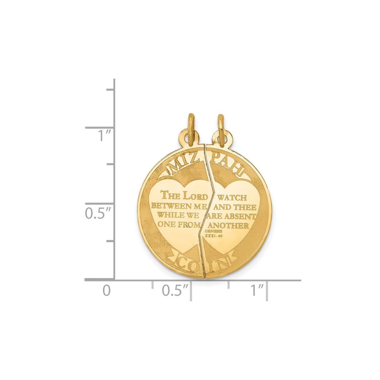 14k Yellow Gold Mizpah Coin Pendant Set, Break-Apart Christian Design with Genesis 31:49 Verse