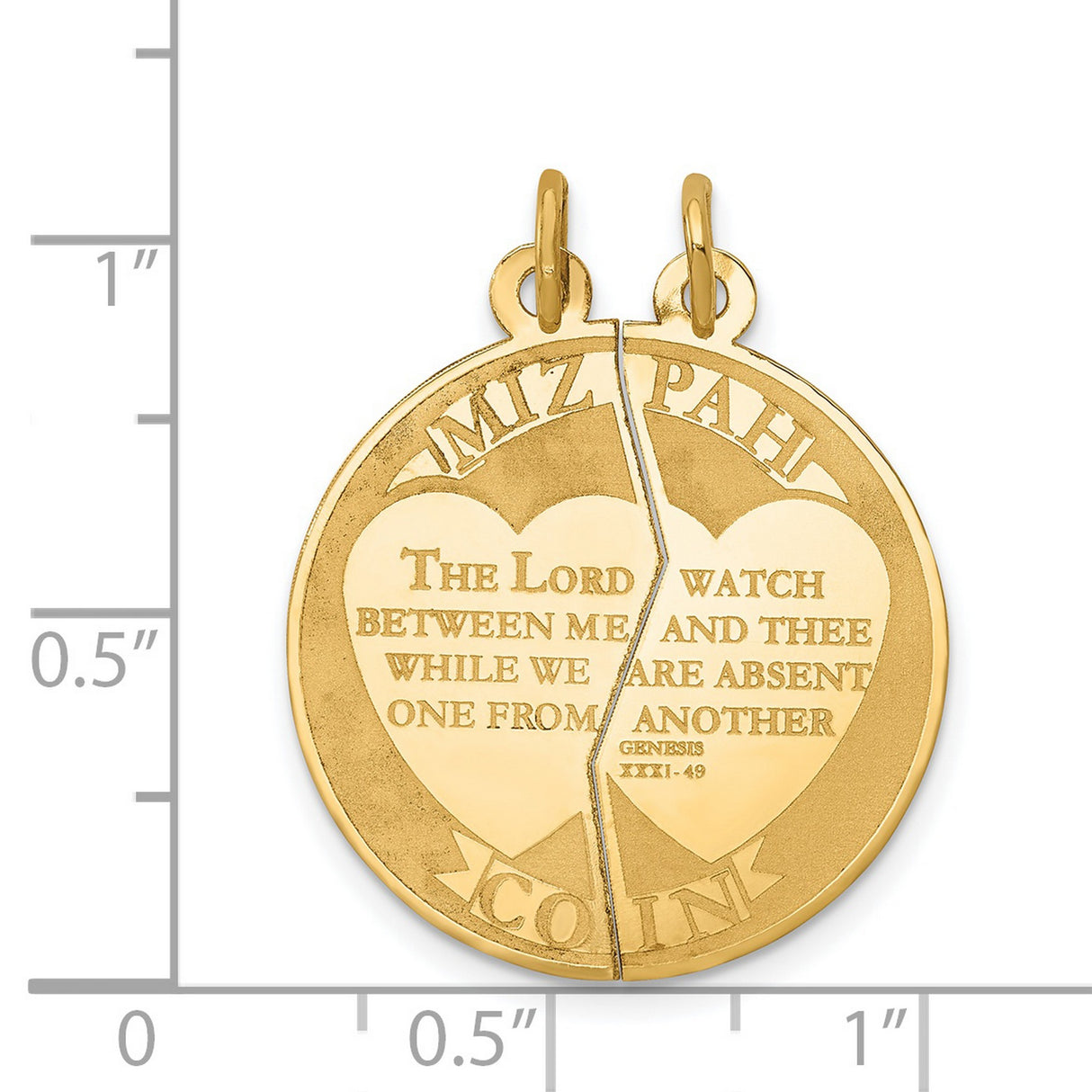 Break Apart Mizpah Coin Emotional Bond Words Genesis 31:49 On Round Charm Pendant in Real 14k Yellow Gold