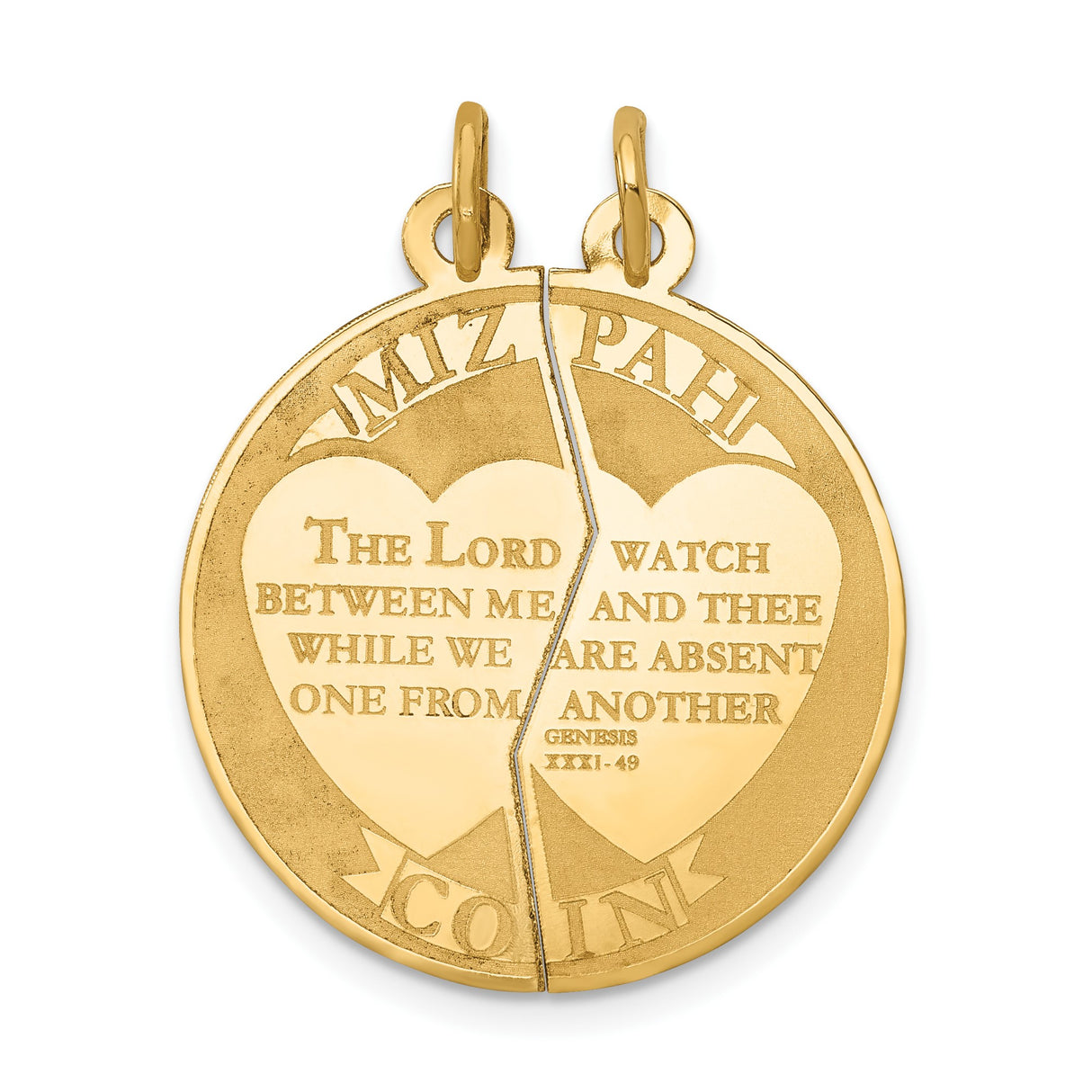 14k Yellow Gold Mizpah Coin Pendant Set, Break-Apart Christian Design with Genesis 31:49 Verse