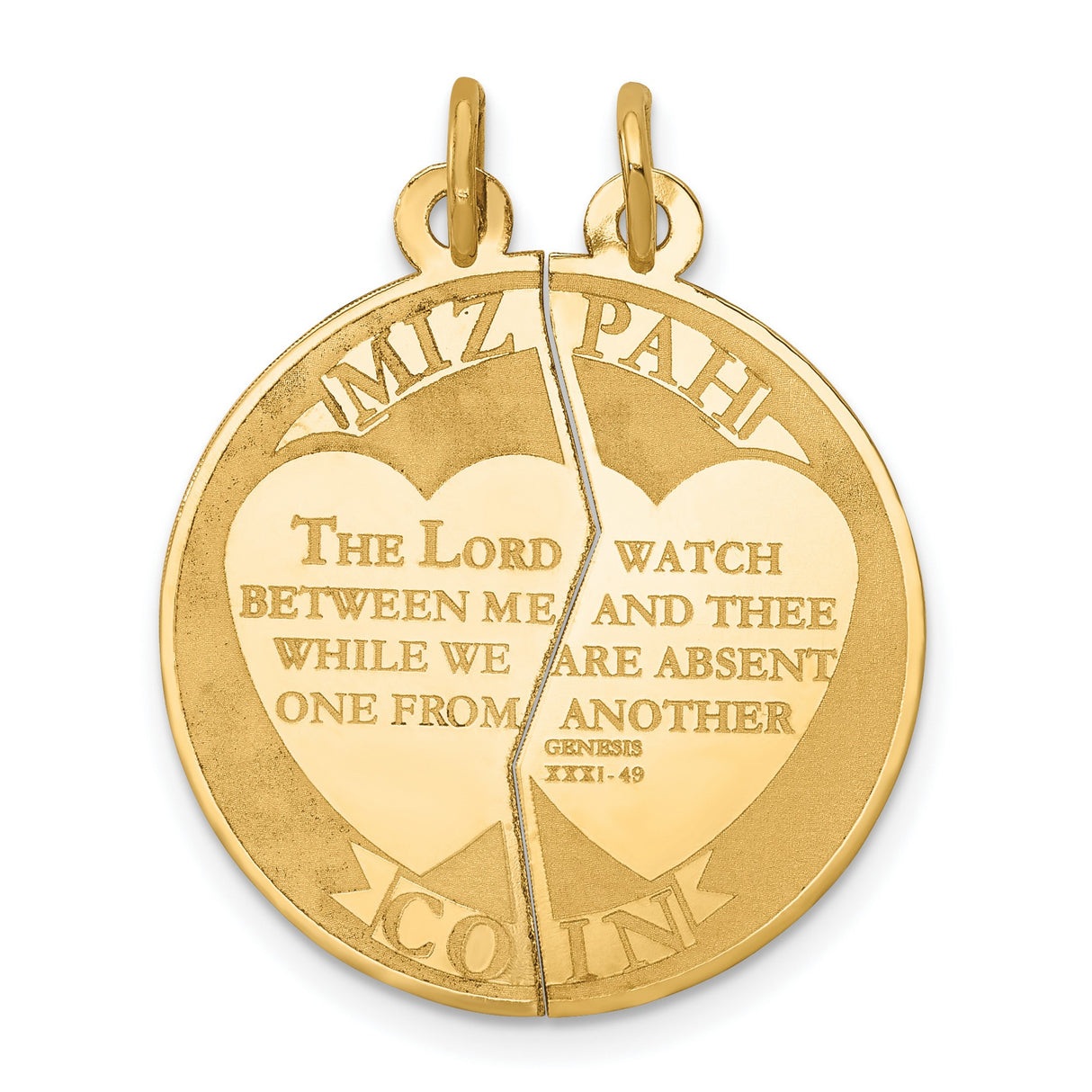 Break Apart Mizpah Coin Emotional Bond Words Genesis 31:49 On Round Charm Pendant in Real 14k Yellow Gold