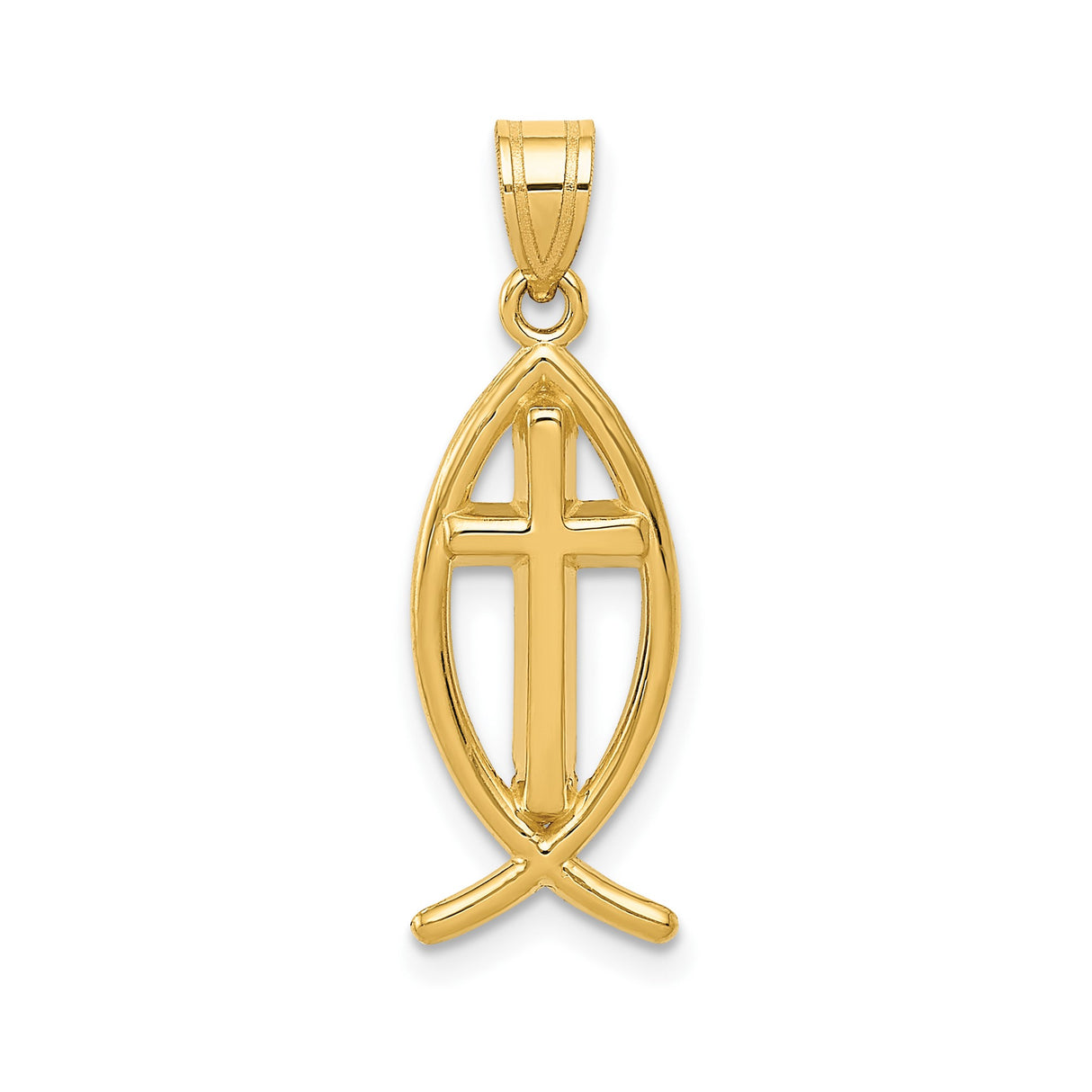 14k Yellow Gold Ichthys Fish Pendant with Cross, Christian Religious Symbol Charm