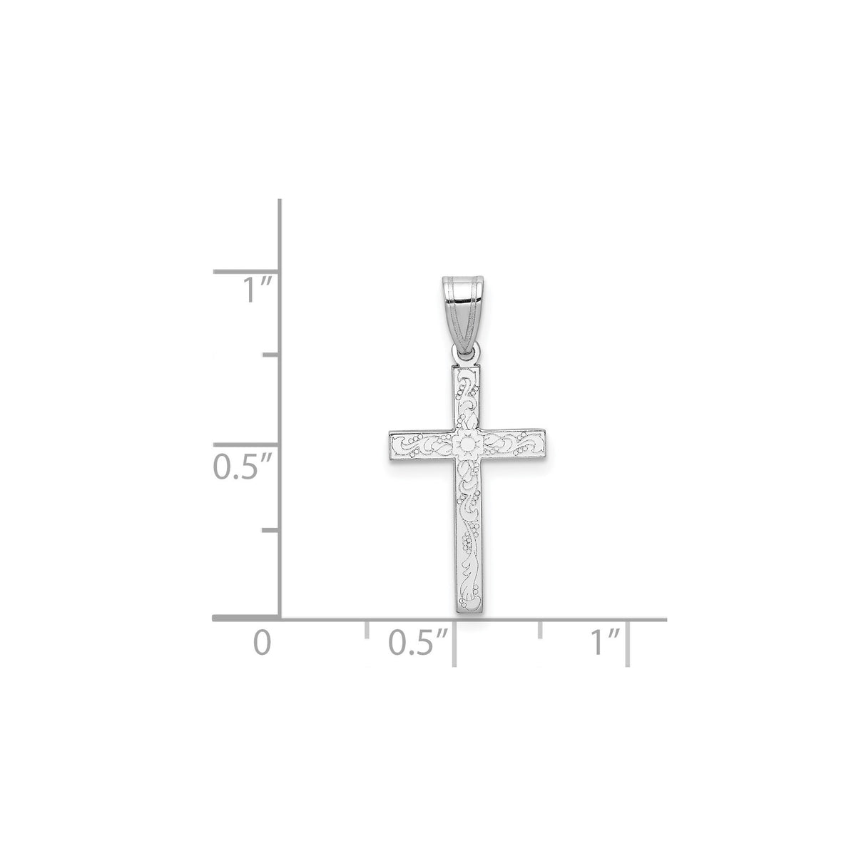 14k White Gold Cross Pendant with Floral Engraving and Vine Design for Women