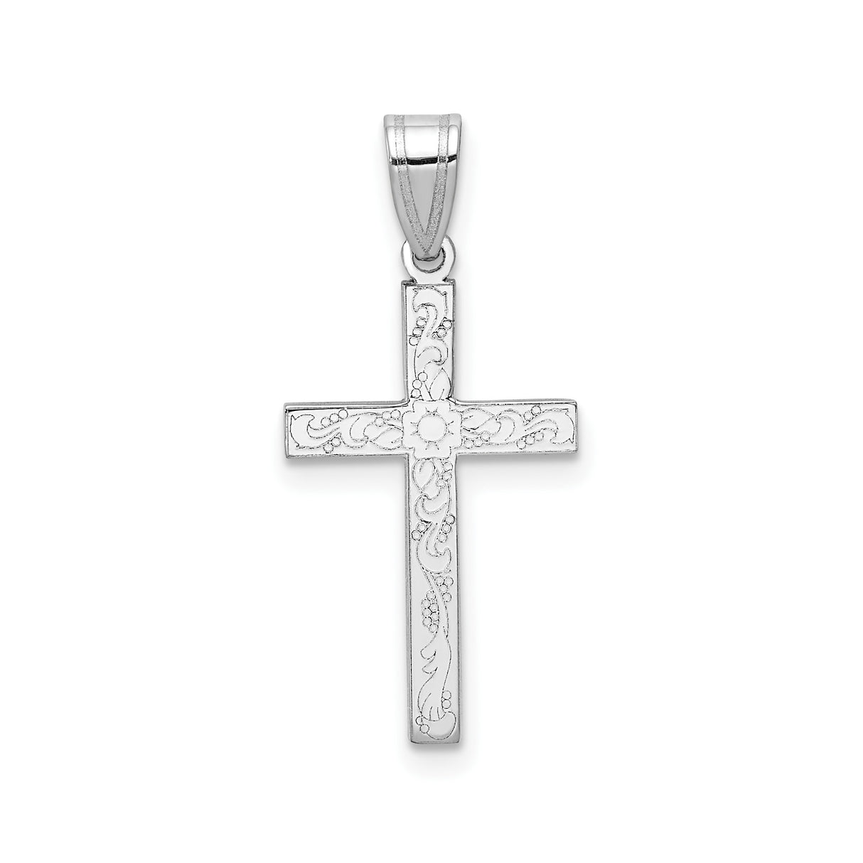 14k White Gold Cross Pendant with Floral Engraving and Vine Design for Women
