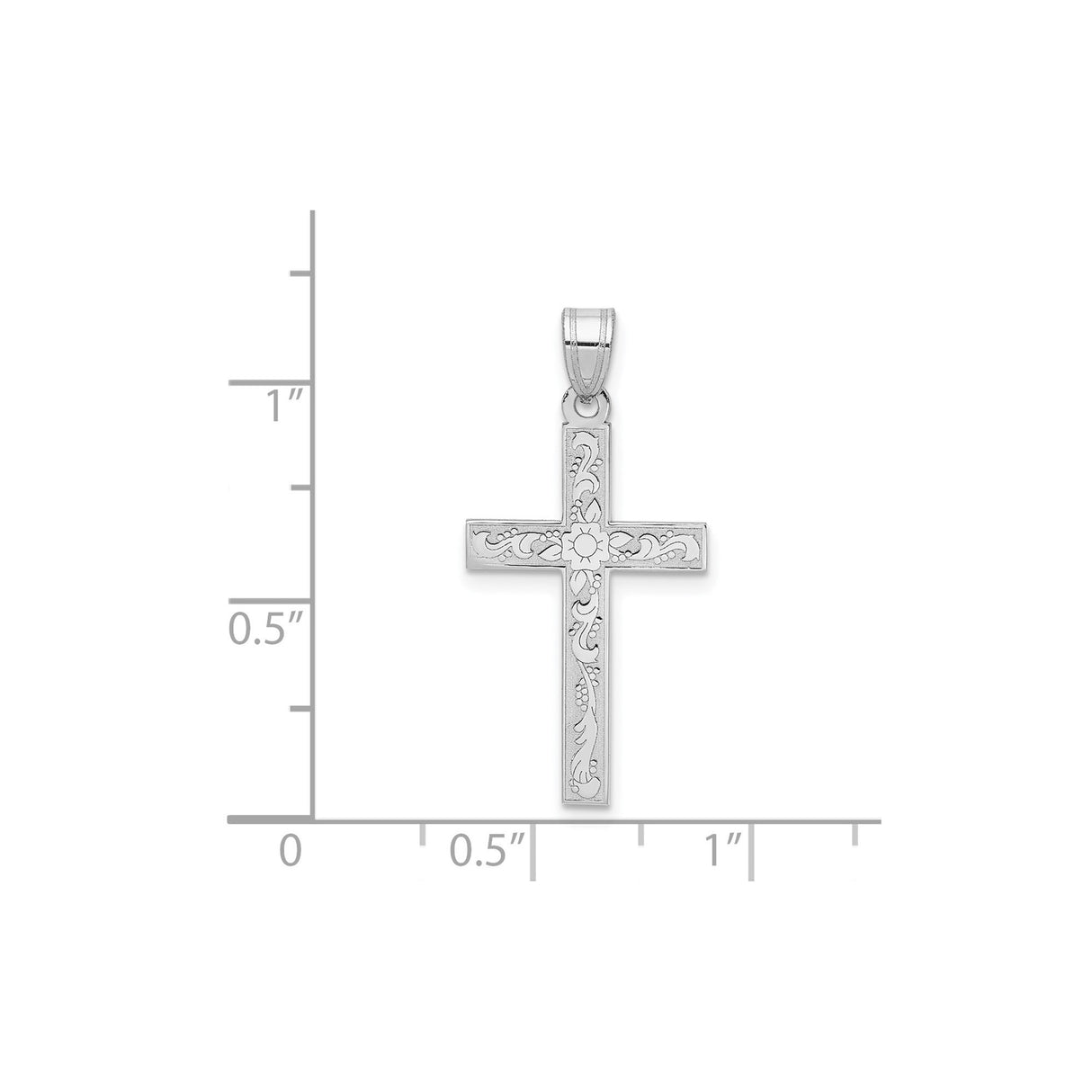 14k White Gold Cross Pendant with Floral Engraving, Vine Design, and Sunburst Motif