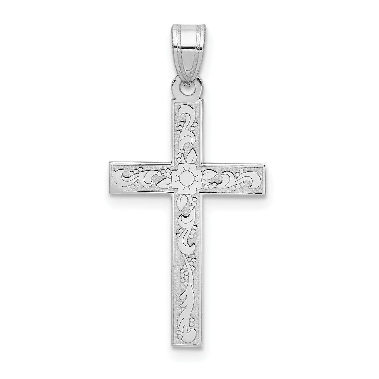 14k White Gold Cross Pendant with Floral Engraving, Vine Design, and Sunburst Motif