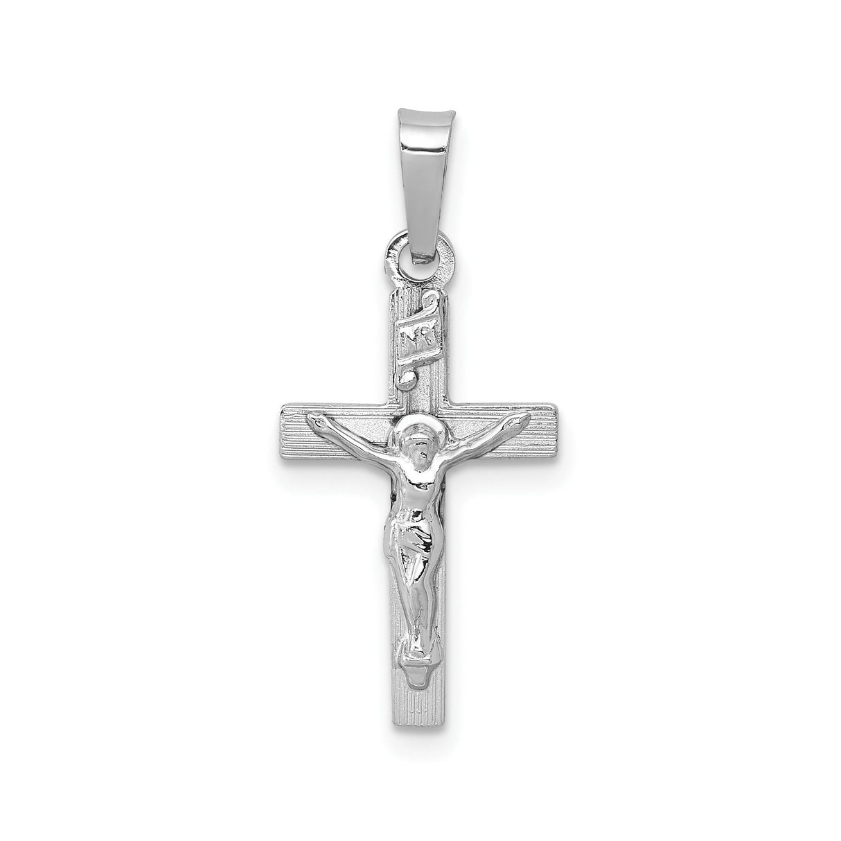 14k White Gold Crucifix Pendant with INRI Inscription, Jesus on Cross, Religious Charm