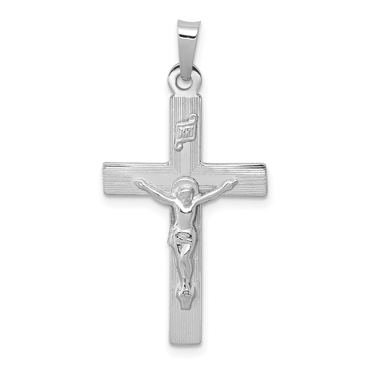 14k White Gold Crucifix Pendant Featuring Raised Jesus and INRI , Catholic Christian Jewelry
