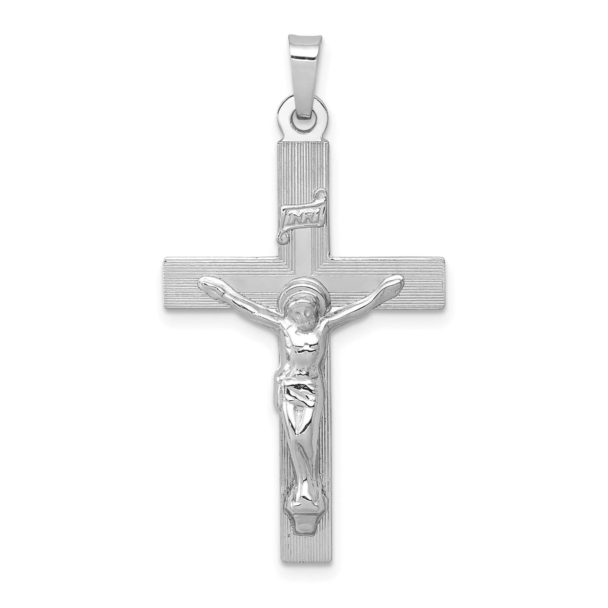 14k White Gold INRI Crucifix Cross Pendant with Latin Detailing Religious Jewelry