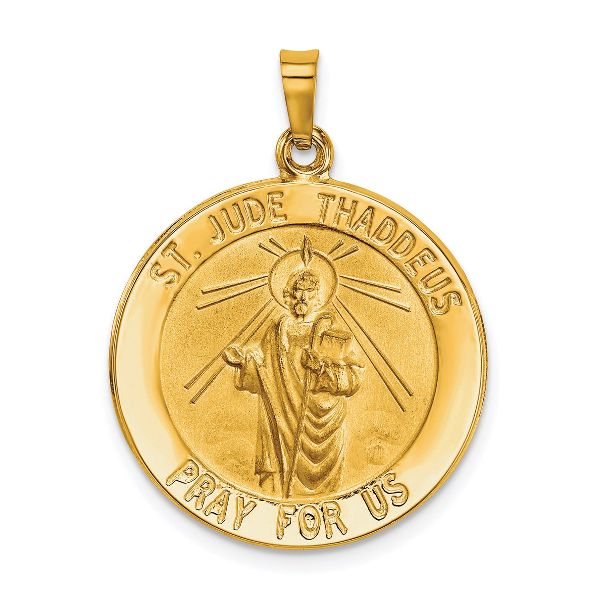 14k Yellow Gold St Jude Thaddeus Medal Pendant with Halo Rays and Pray for Us Inscription