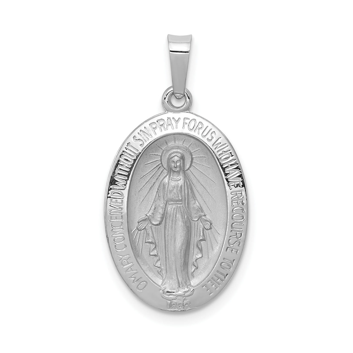 14k White Gold Miraculous Medal Pendant with Virgin Mary Inscription, Catholic Religious Charm