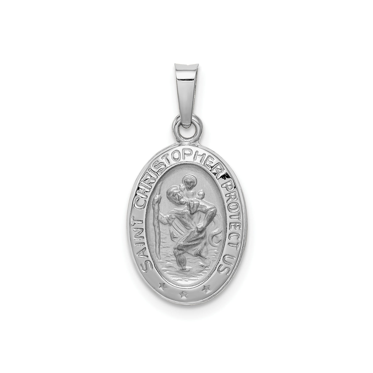 14k White Gold Saint Christopher Oval Medal Pendant with Textured Border