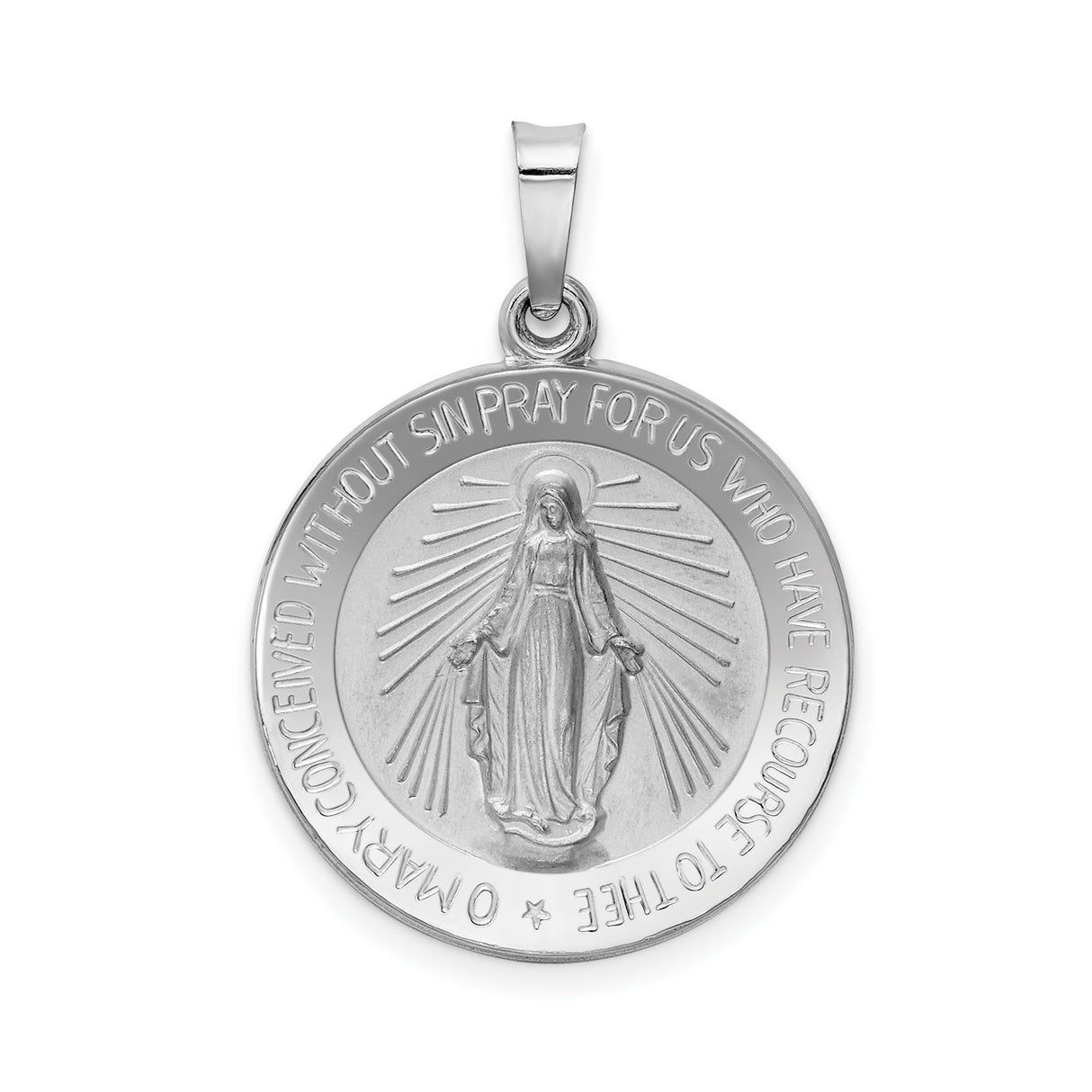 14k White Gold Virgin Mary Pendant, Miraculous Medal, Catholic Religious Jewelry