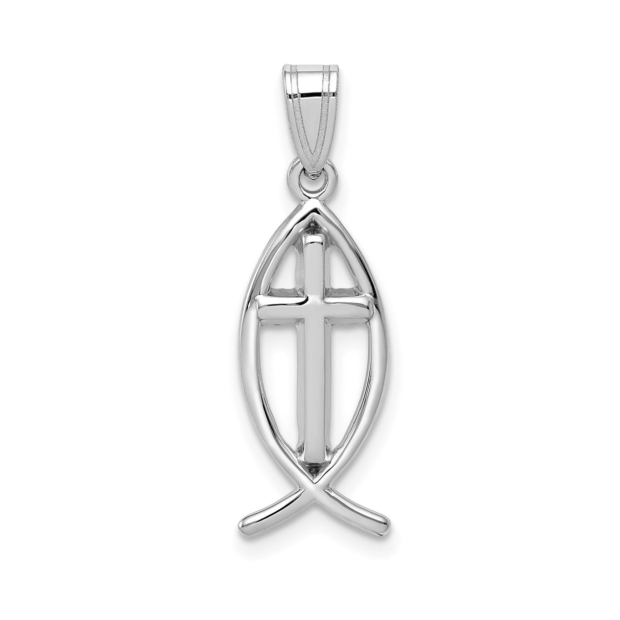 14k White Gold Christian Fish Pendant with Cross, Ichthys Symbol Faith Jewelry