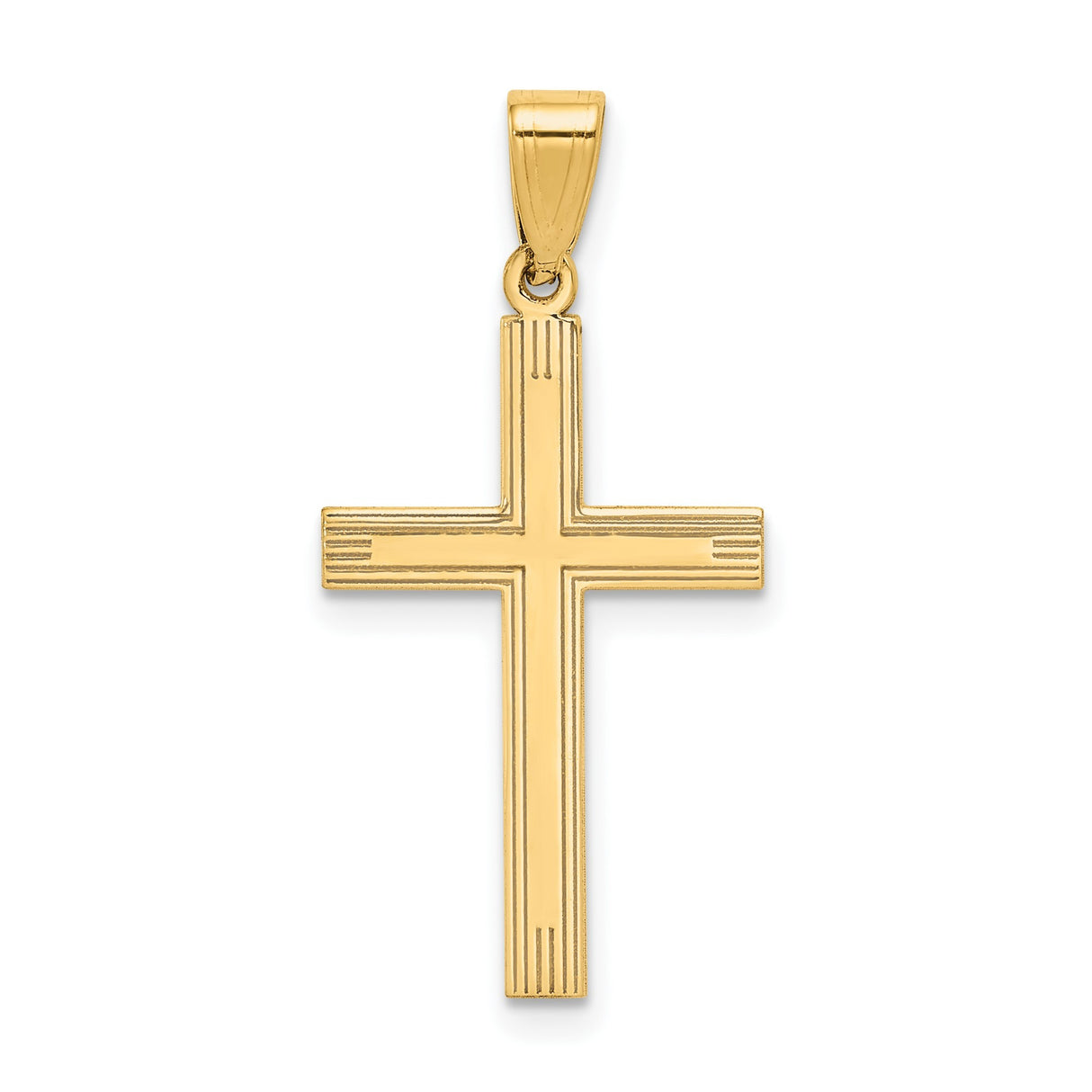14k Yellow Gold Cross Pendant with Lines, Classic Religious Charm for Men or Women