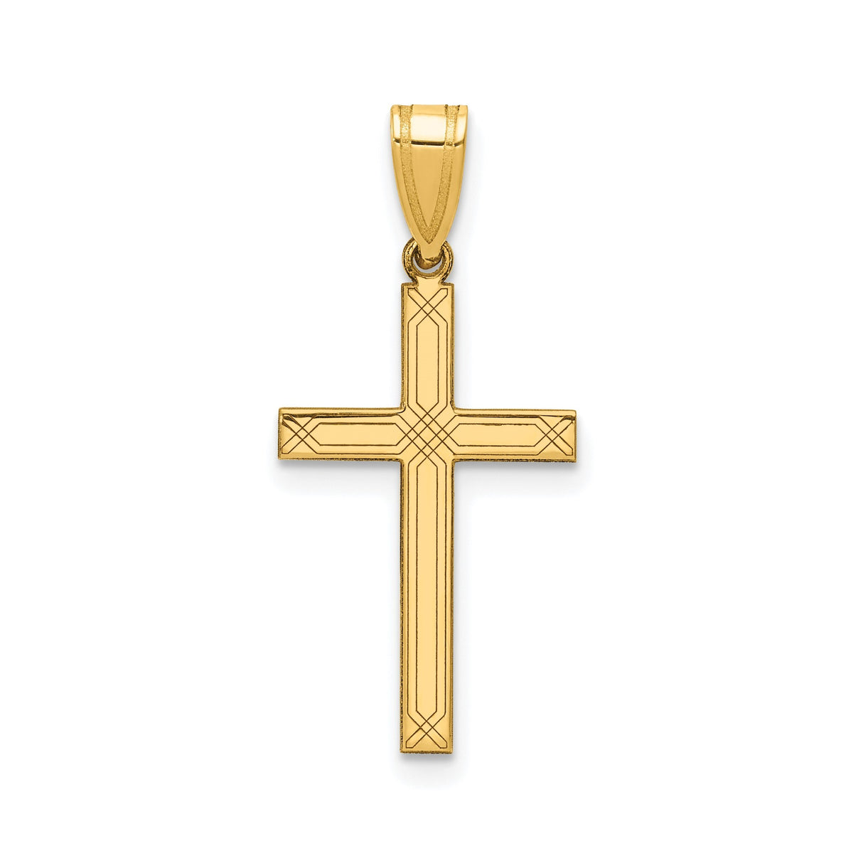 14k Yellow Gold Cross Pendant with Line Detailing, Classic Latin Christian Design