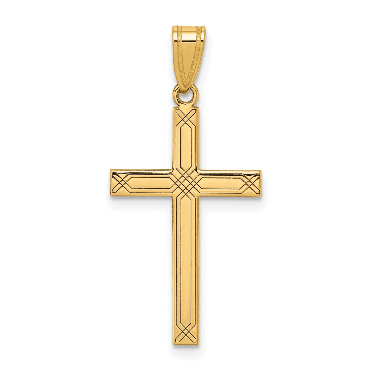14k Yellow Gold Cross Pendant with Line Detailing, Christian Religious Jewelry for Men or Women