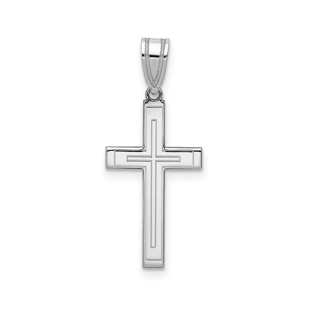 14k White Gold Cross Pendant with Sleek Double Line Design, Unisex Christian Charm