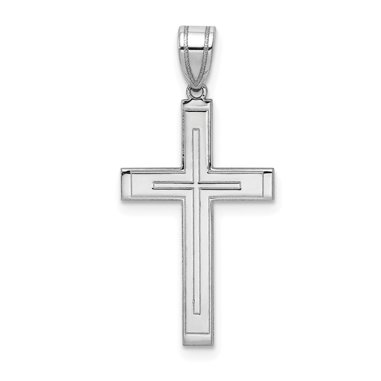 14k White Gold Cross Pendant, Double-Lined Polished Christian Religious Charm for Women or Unisex