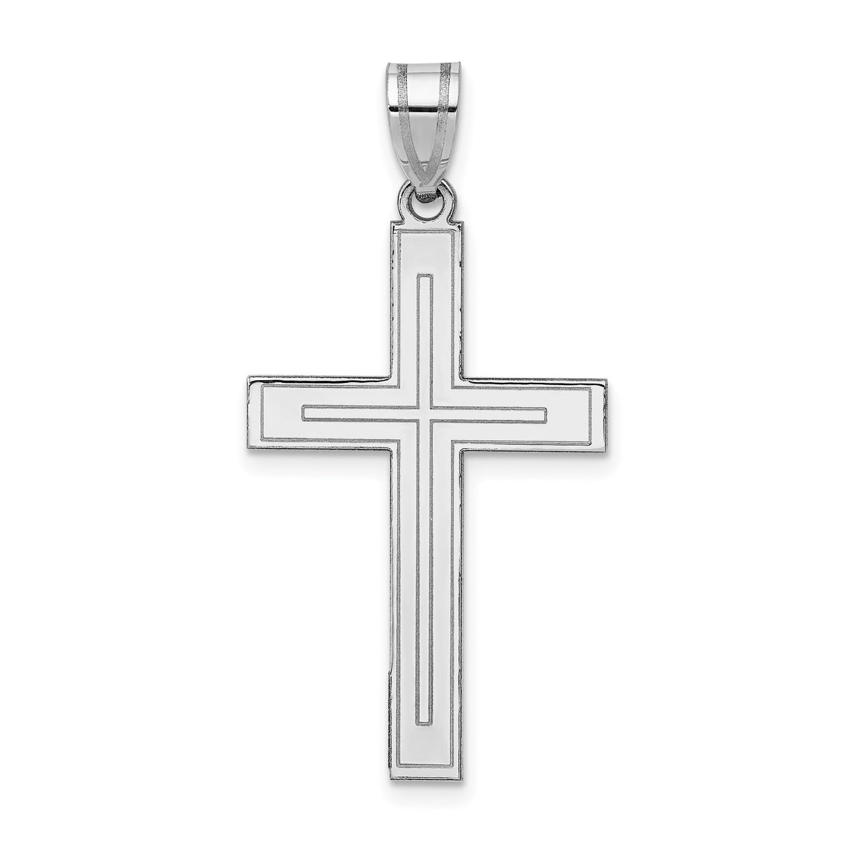 14k White Gold Cross Pendant with Double Line Engraving, Unisex Christian Jewelry
