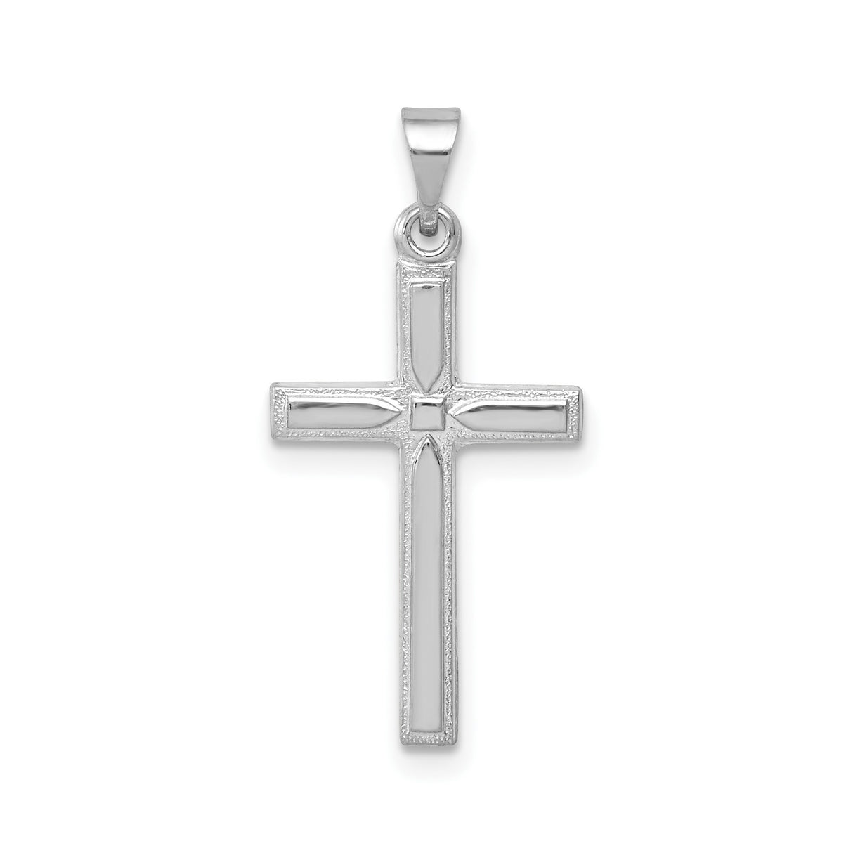 14k White Gold Cross Pendant, Polished Beveled Christian Design with Subtle Inner Detailing