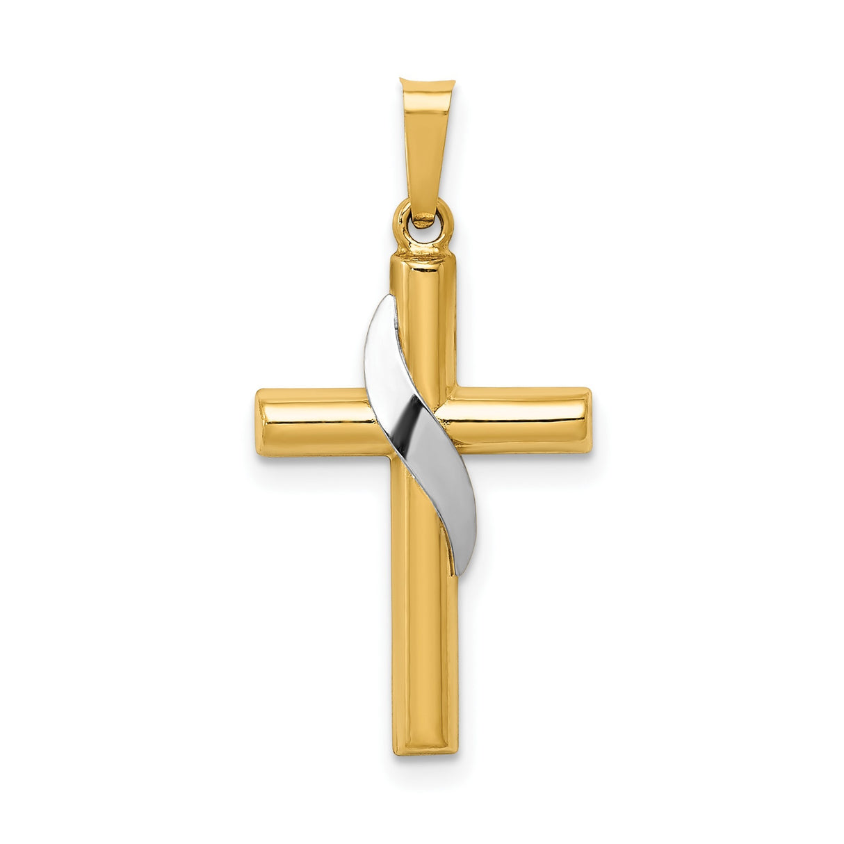 14k Two-Tone Gold Cross Pendant with White Gold Ribbon Accent, Christian Religious Jewelry