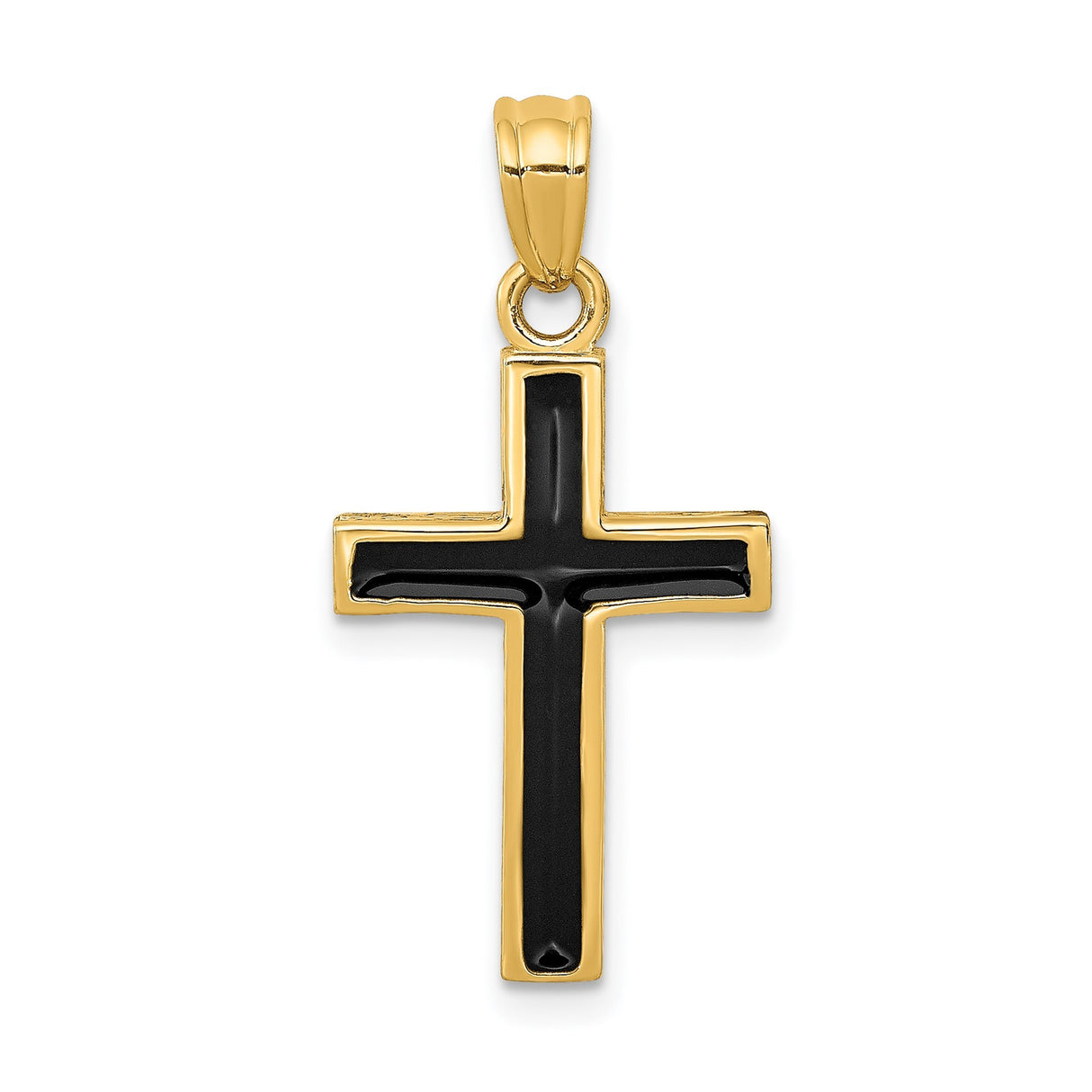 14k Yellow Gold Cross Pendant with Black Epoxy Inlay, Classic Christian Symbol for Men