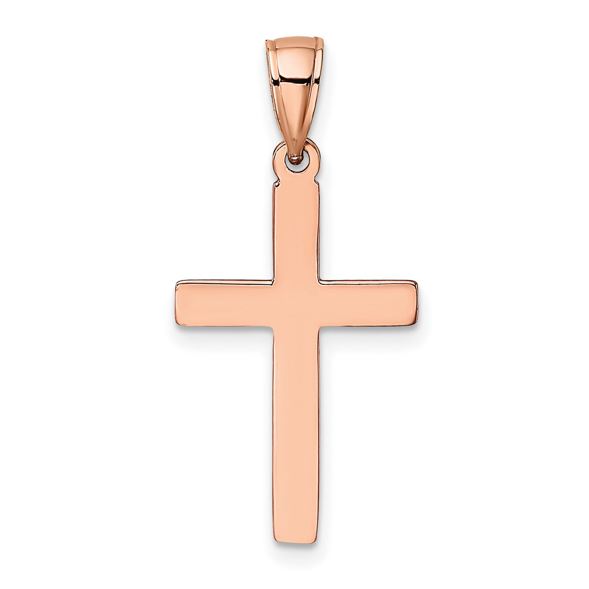 14k Rose Gold Cross Pendant, Minimalist Polished Christian Charm with Beveled Design for Women