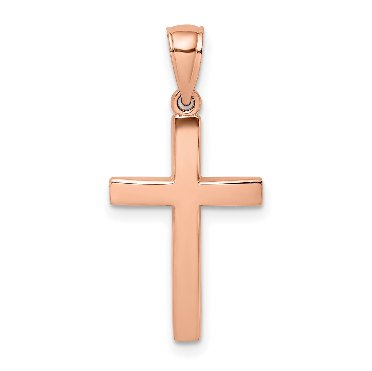 14k Rose Gold Cross Pendant, Minimalist Polished Christian Charm with Beveled Design for Women