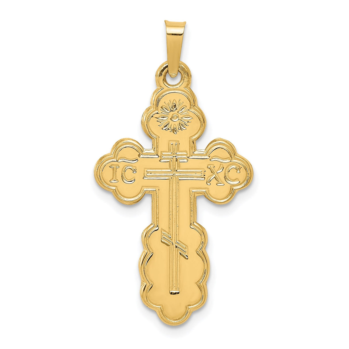 14k Yellow Gold Orthodox Cross Pendant with IC XC Inscriptions and Floral Engraving