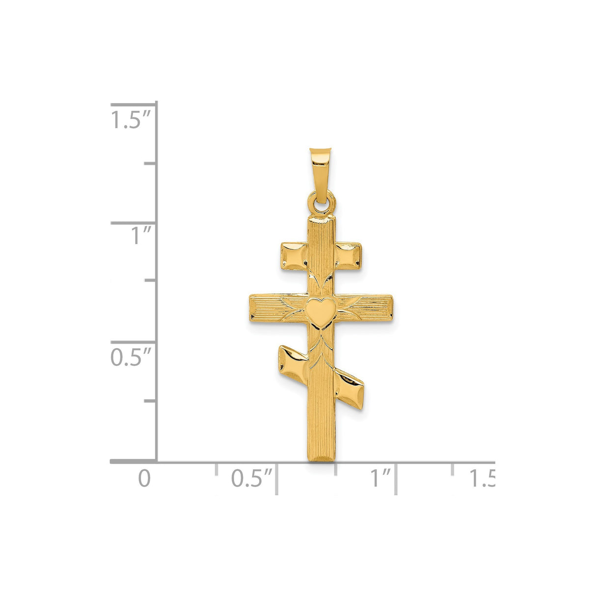 14k Yellow Gold Orthodox Cross Pendant with Triple Bar Design and Heart Center