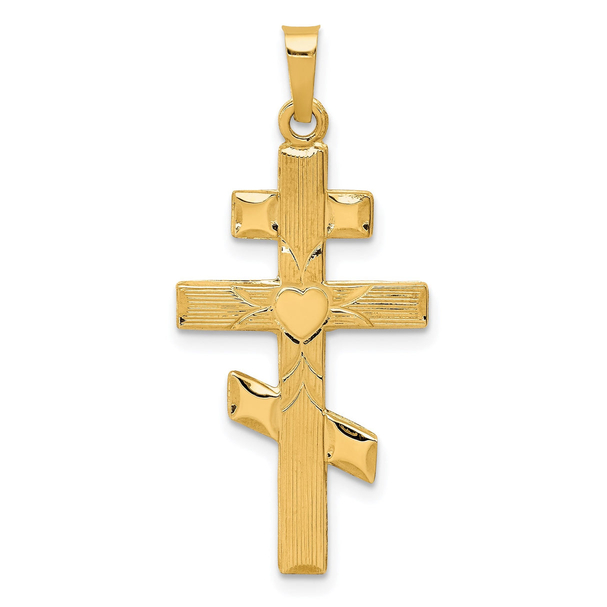 14k Yellow Gold Orthodox Cross Pendant with Triple Bar Design and Heart Center