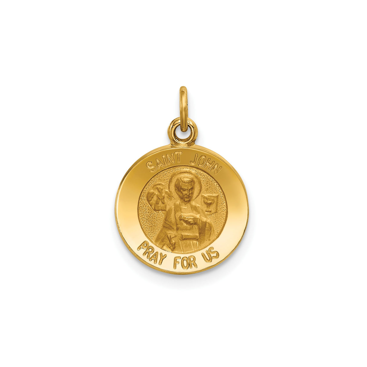 14k Yellow Gold Saint John Medal Pendant, Religious Catholic Charm with Pray for Us Inscription