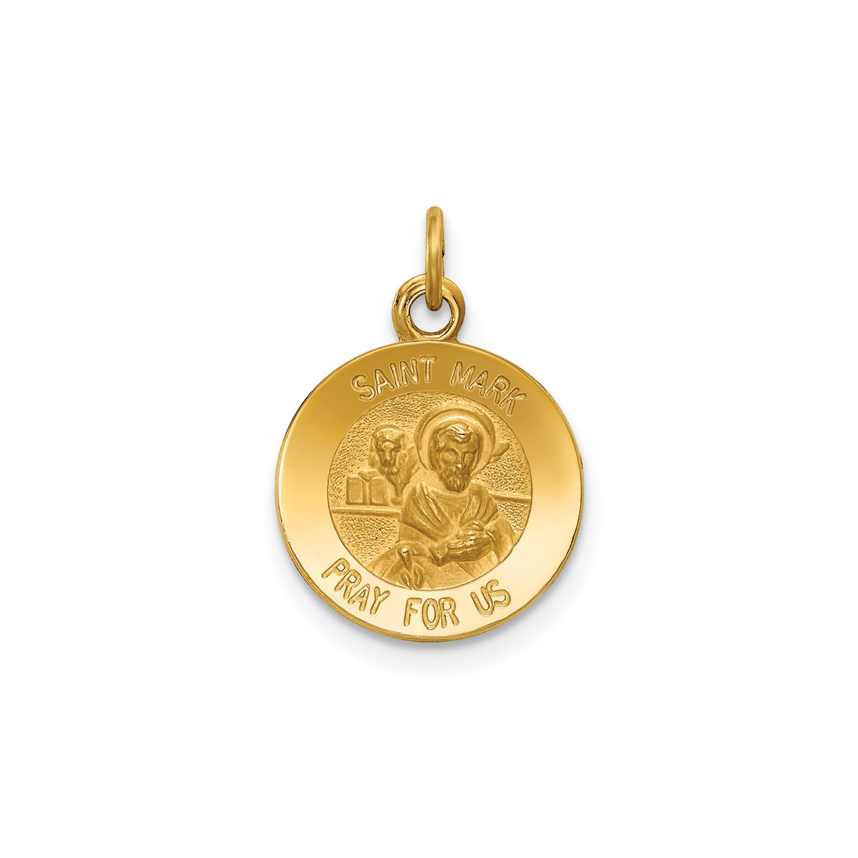 14k Yellow Gold Saint Mark Pendant Medal with Pray for Us Text, Catholic Religious Charm