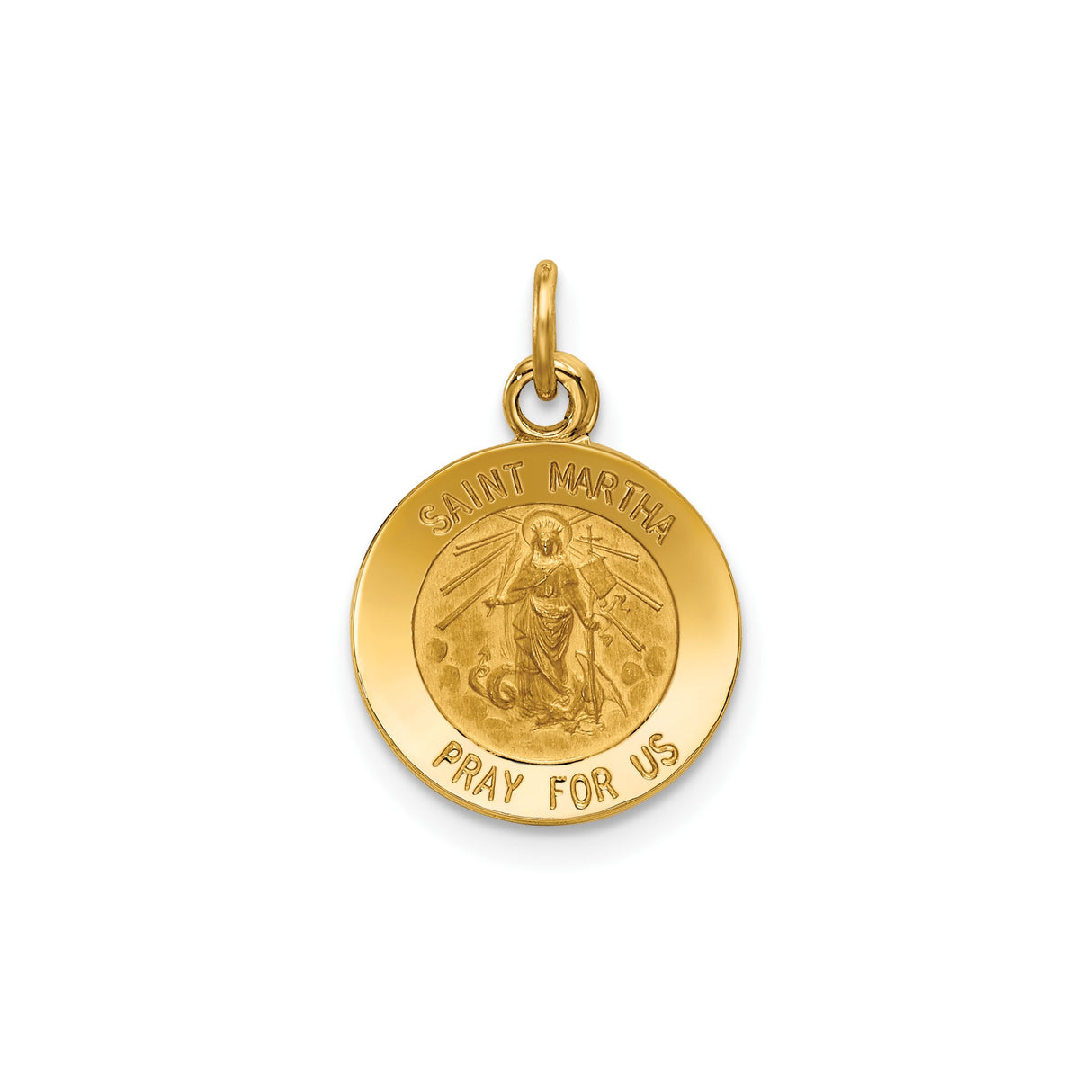 14k Yellow Gold Saint Martha Medal Pendant, Religious Charm with Pray for Us Inscription
