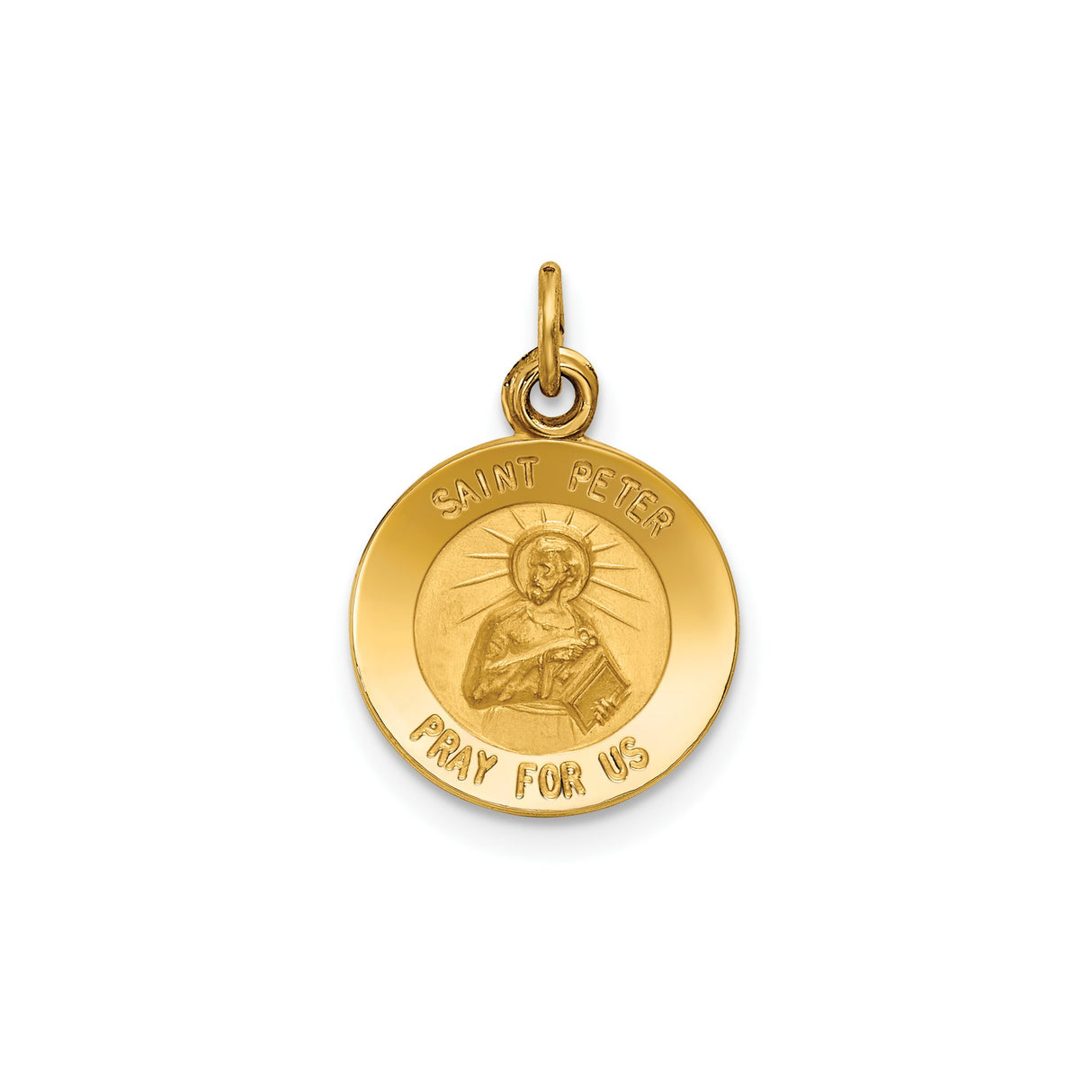 14k Yellow Gold Saint Peter Medal Pendant with Halo and Crossed Keys, Catholic Charm