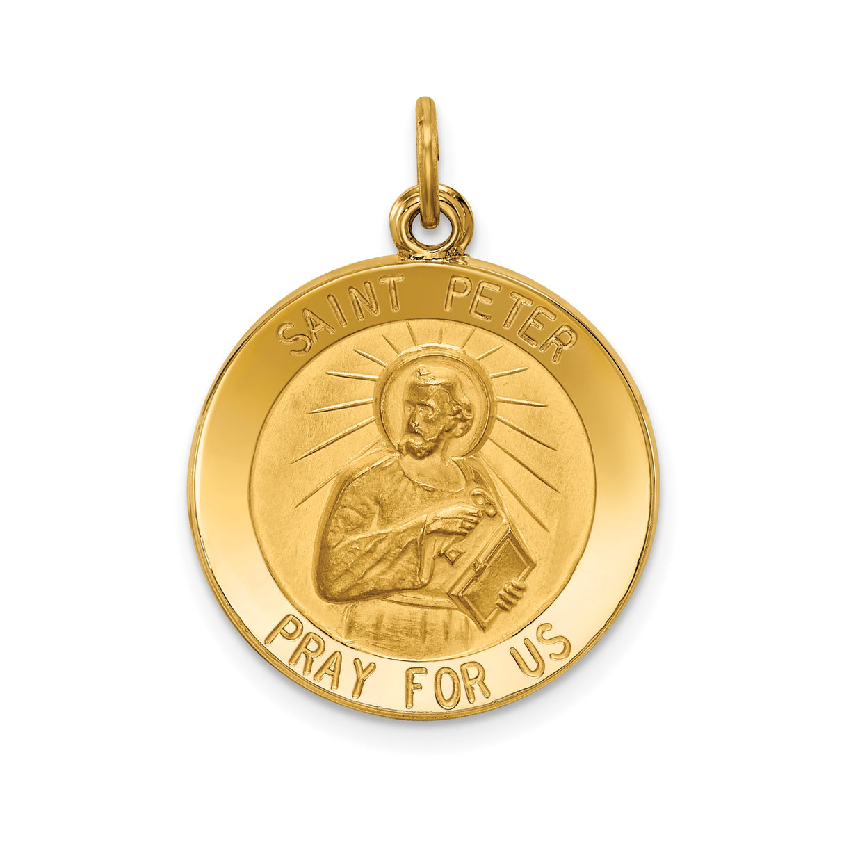 14k Yellow Gold Saint Peter Medal Pendant with Keys and Book Engraving, Catholic Charm for Men or Women