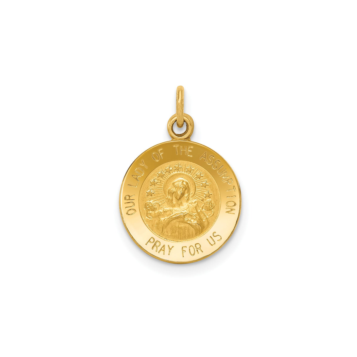14k Yellow Gold Our Lady of the Assumption Pendant Medal with Pray for Us Inscription