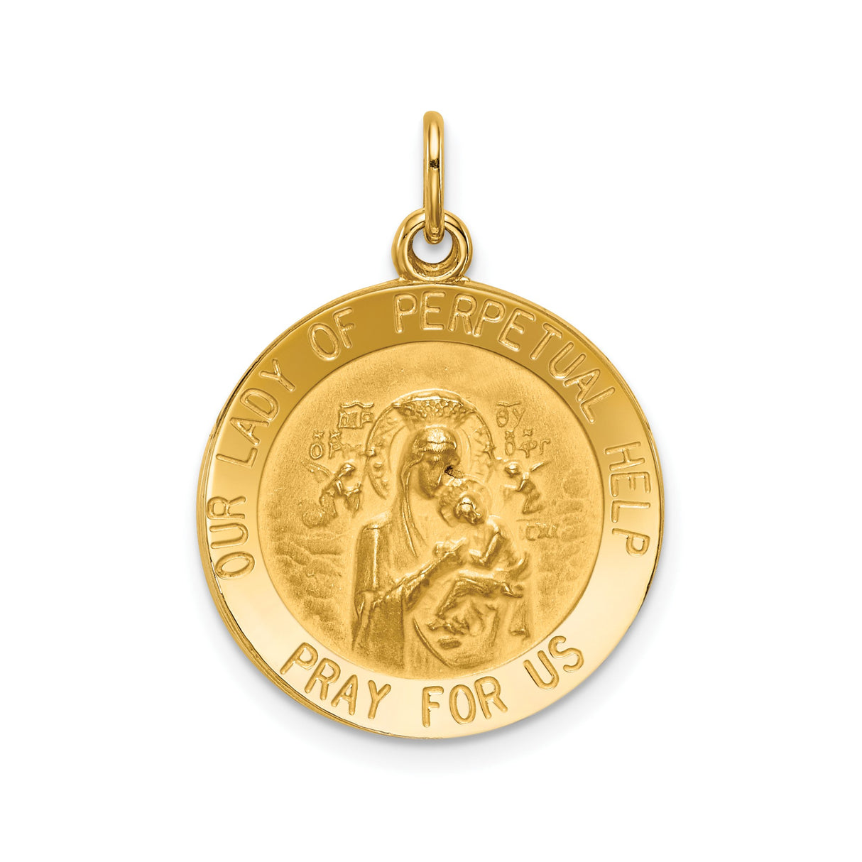 14k Yellow Gold Our Lady of Perpetual Help Pendant, Virgin Mary Holding Jesus Medal