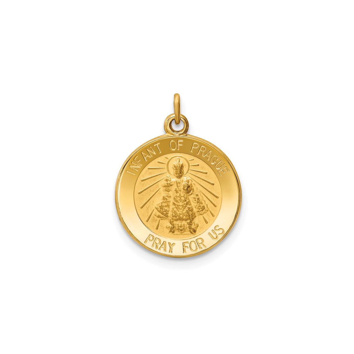 14k Yellow Gold Catholic Pendant Medal with Infant of Prague, Pray for Us Inscription