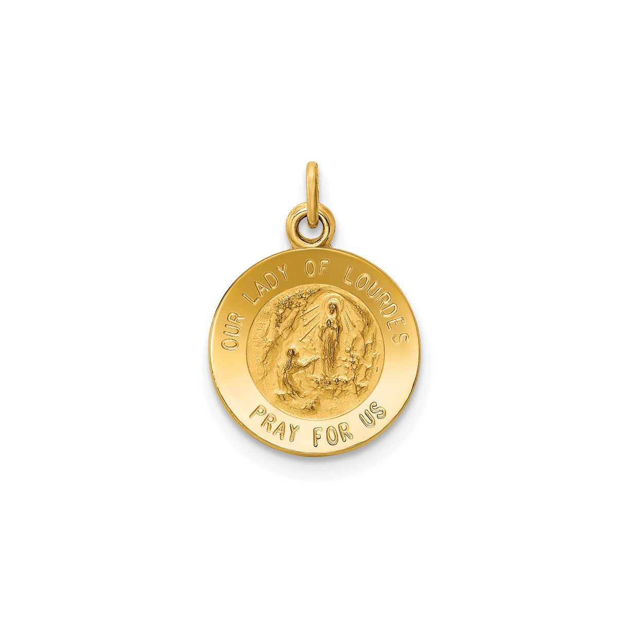 14k Yellow Gold Our Lady of Lourdes Pendant, Marian Medal with Religious Inscription, Christian Charm