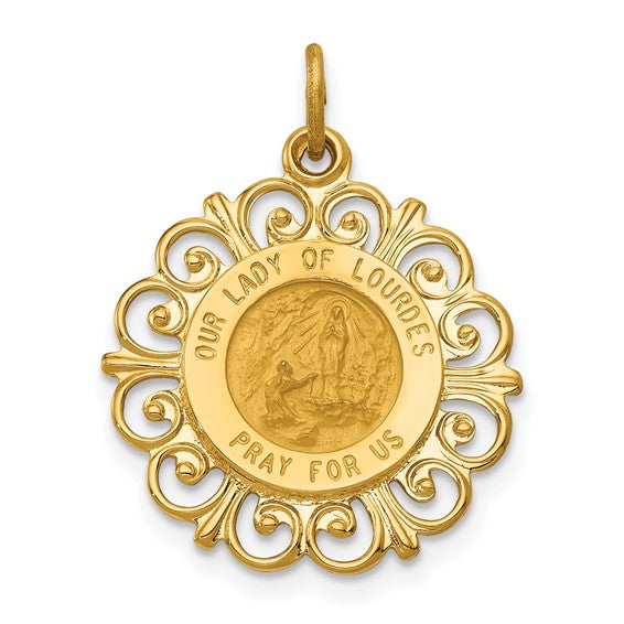 14k Yellow Gold Our Lady of Lourdes Pendant Medal, Religious Marian Apparition Symbol