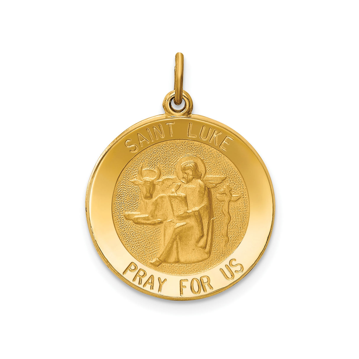 14k Yellow Gold Saint Luke Medallion Pendant with Winged Ox Symbol, Catholic Religious Charm