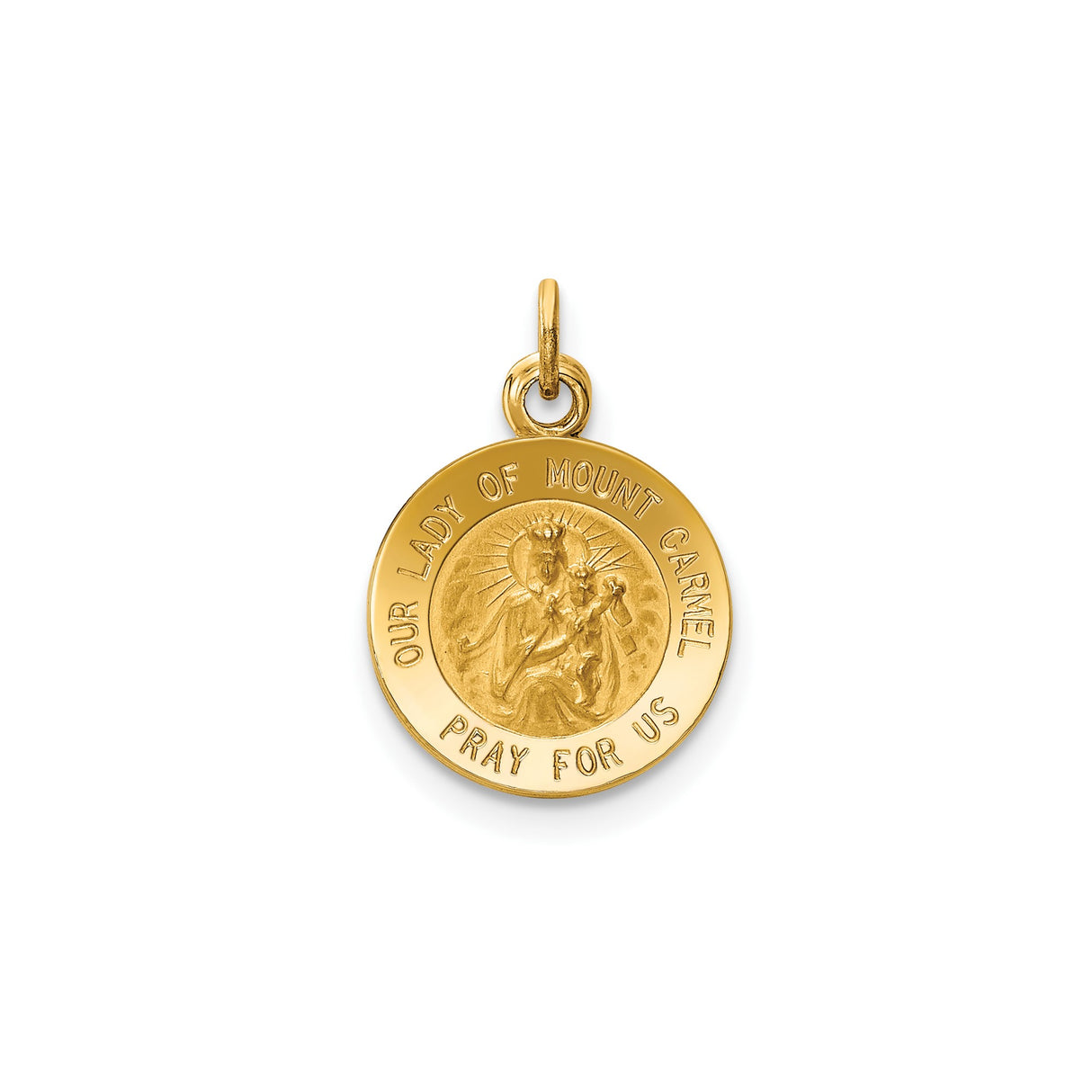 14k Yellow Gold Our Lady of Mount Carmel Pendant Medal with Virgin Mary and Jesus Engraving
