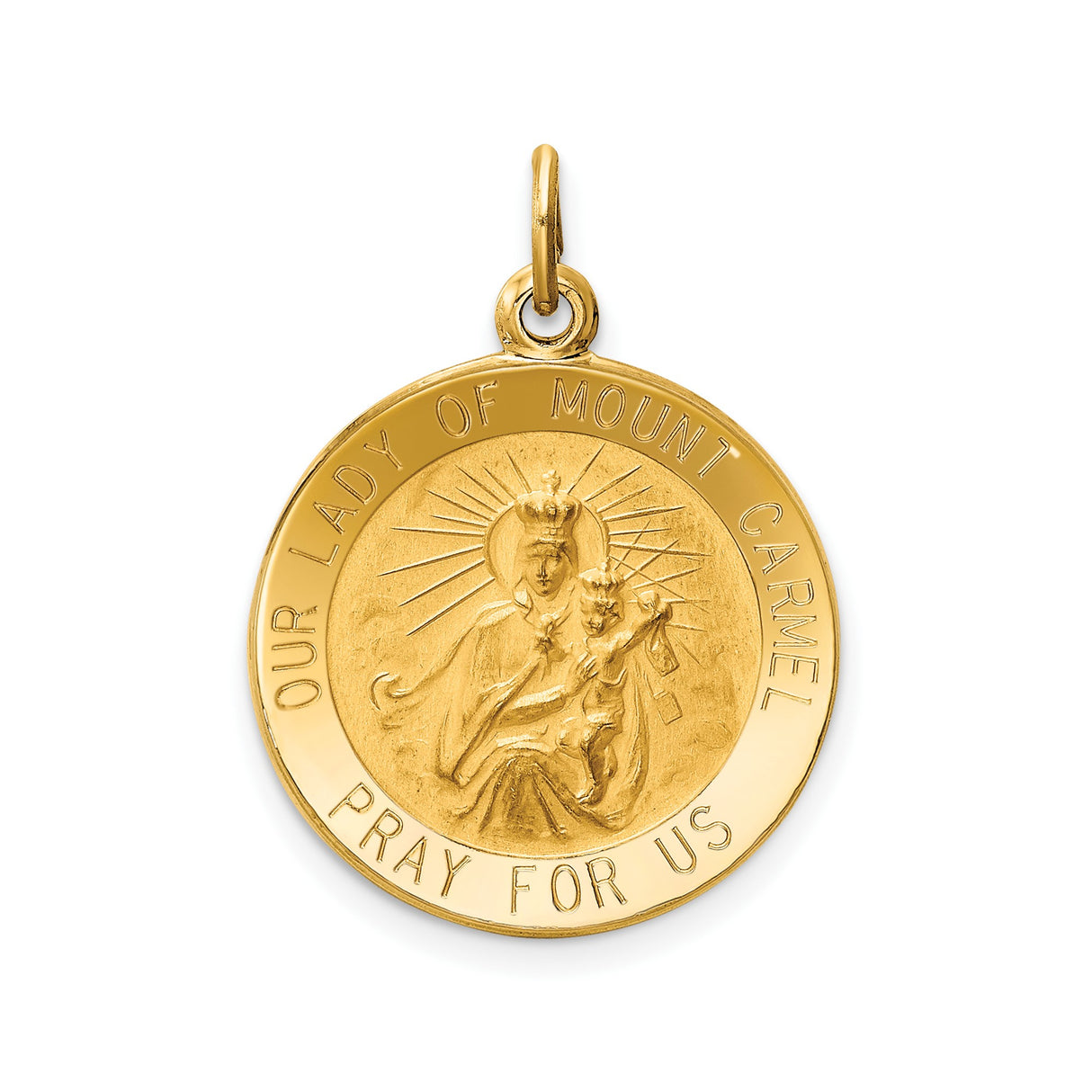 14k Yellow Gold Our Lady of Mount Carmel Pendant, Catholic Medal with Pray for Us Inscription
