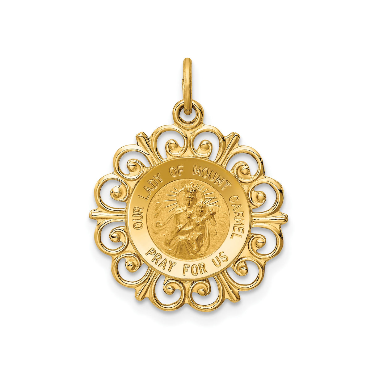 14k Yellow Gold Our Lady of Mount Carmel Pendant with Pray for Us Engraving