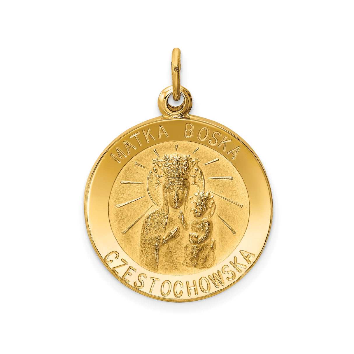 14k Yellow Gold Round Pendant with Our Lady of Czestochowa, Polish Catholic Medal