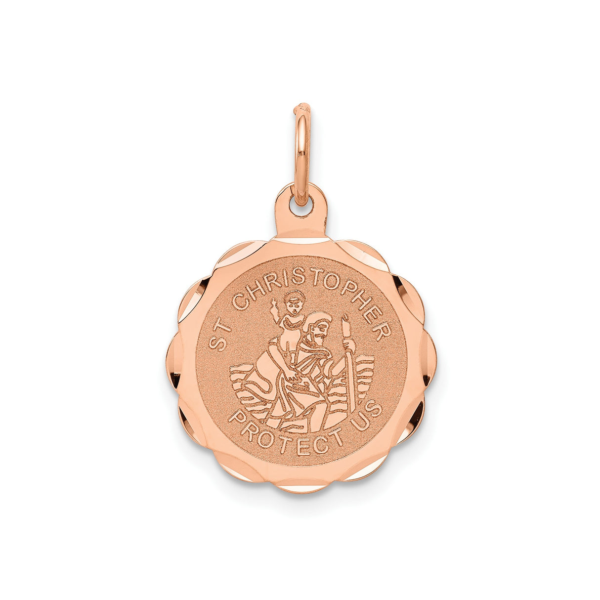 14k Rose Gold Saint Christopher Scalloped Edge Medal Pendant, Religious Travel Protection Charm