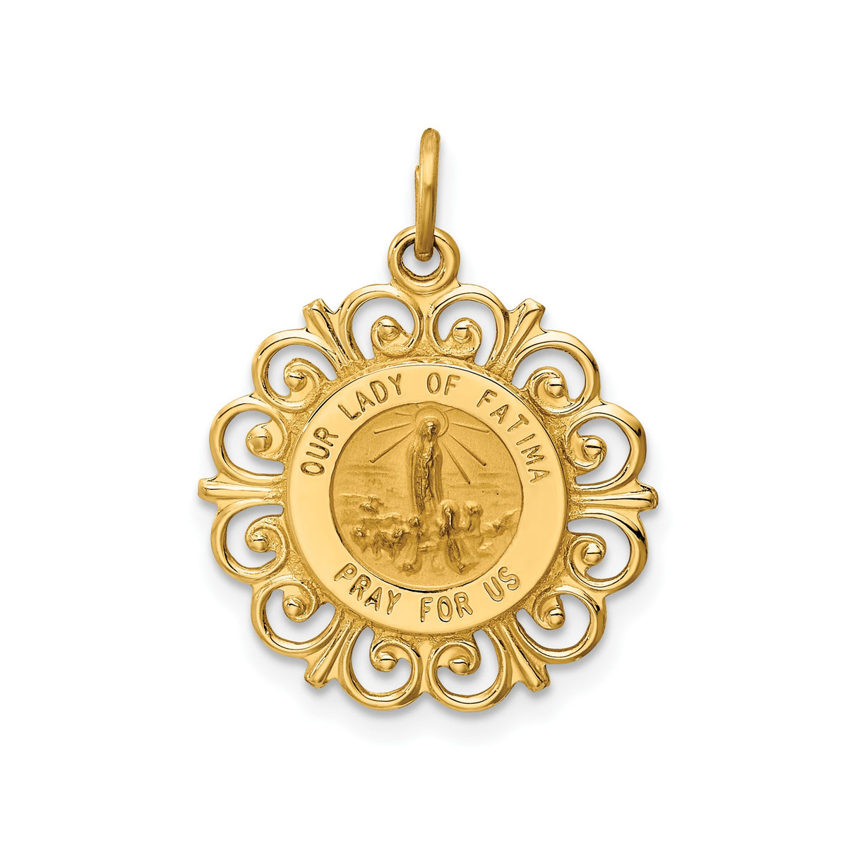 14k Yellow Gold Our Lady of Fatima Pendant Medal with Pray for Us Engraving, Catholic Charm