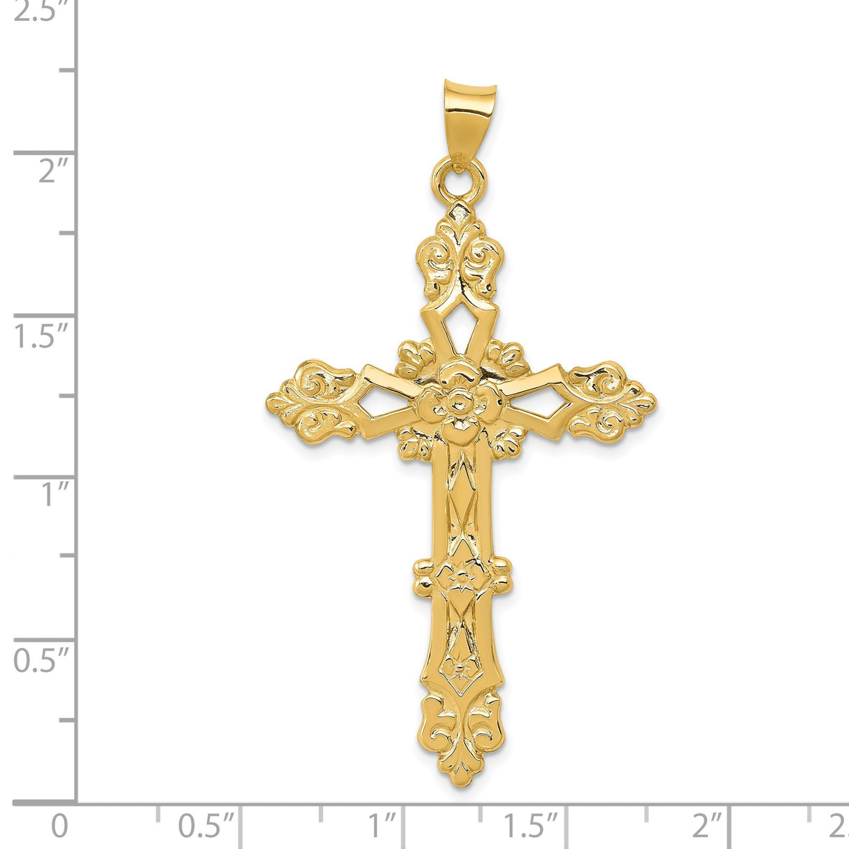 14k Yellow Gold Cross Pendant with Floral Scrollwork Design, Christian Religious Jewelry for Women