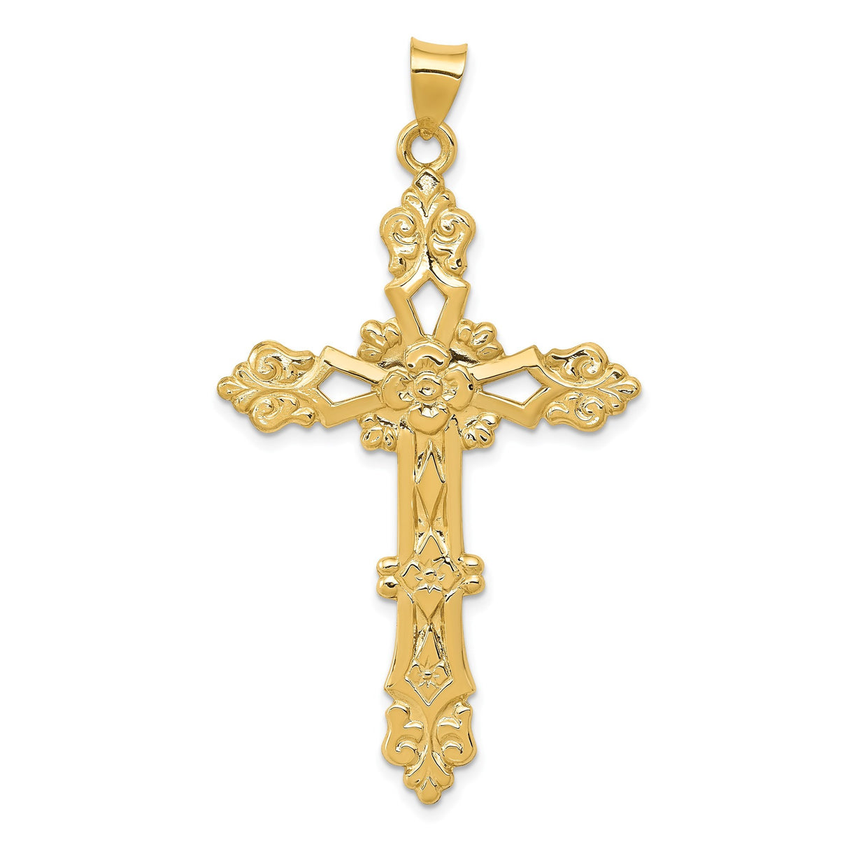 14k Yellow Gold Cross Pendant with Floral Scrollwork Design, Christian Religious Jewelry for Women